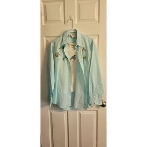 TIA DESIGNS‎ Women's Blue Checkered Button Up and White Tank Top Turtles